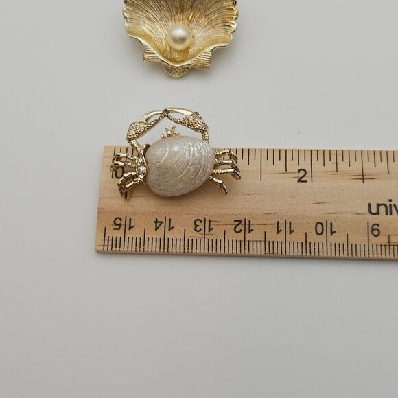 Vtg Gold Tone Shell & Crab Brooch Set Faux Pearl Beach Ocean Cancer Zodiac July - Picture 14 of 16